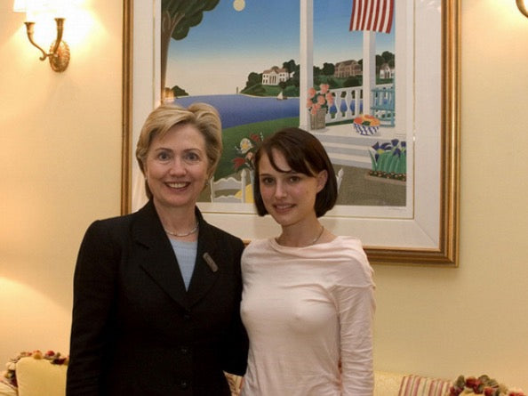 Hillary Clinton with actress Natalie Portman and Thomas McKnight's "Constitution"